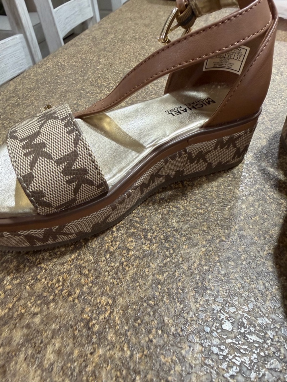 Michael Kors Brown and Gold Platform Wedge Sandals with MK Logo